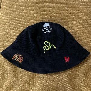 Black Corduroy Embroidered Bucket Hat